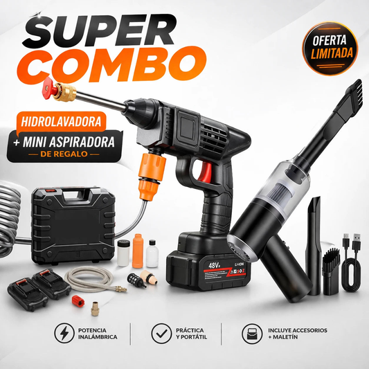 COMBO: Hidrolavadora + (Aspiradora Portátil de Regalo + Doble Batería + Maletín)
